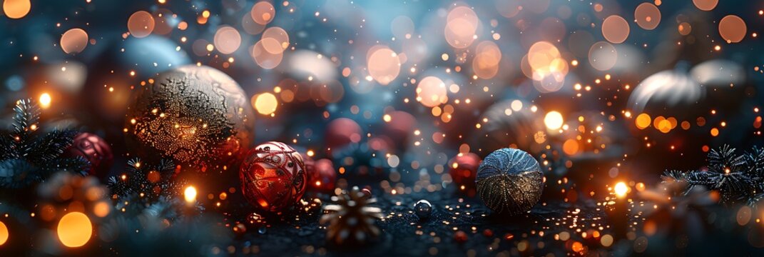 Panoramic Bokeh Lights and Ornaments with Soft Focus Background