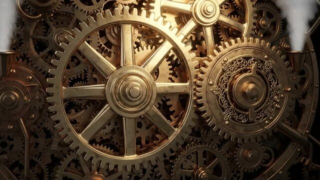 Mechanical Symphony: Intricate steampunk gears interlock, symbolizing industry, progress, and the art of creation. The image is a harmonious dance of cogs and mechanisms.