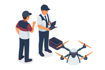 Modern technicians inspecting drone for delivery, surveillance, or aerial photography jobs, representing innovative technology solutions