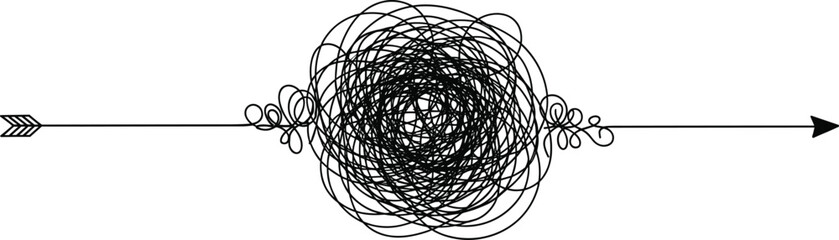 Vector Illustration of a Tangled Scribble Knot or Messy Line with an Arrow Passing Through, Symbolizing Problem Solving, Complexity, Chaos, Confusion, Finding a Solution, or Difficulty.
