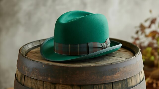 Green fedora hat with plaid ribbon band resting on a weathered wooden barrel emerald forest green