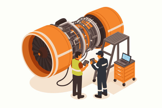 Aircraft engineers doing maintenance on modern turbine jet engine with laptop and tools for quality assurance and performance