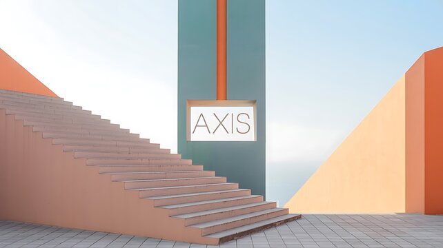 Modern Architectural Staircase with AXIS Signage and Geometric Shapes architecture