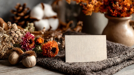 Elegant autumn scene with blank greeting card. Capture serene fall foliage display alongside empty note ideal mockup for seasonal promotion invitation thank you message or heartfelt