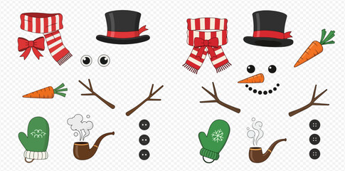 Vector illustration of snowman building kit with various accessories like hat, scarf, carrot nose, twig arms, and buttons for winter crafts.