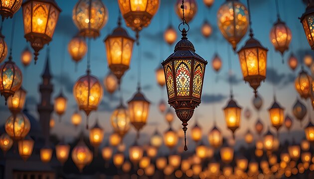 A vibrant, atmospheric image capturing the spirit of Ramadan or Eid celebrations. Numerous ornate, traditional Middle Eastern lanterns (fanous) hang suspended against the twilight sky