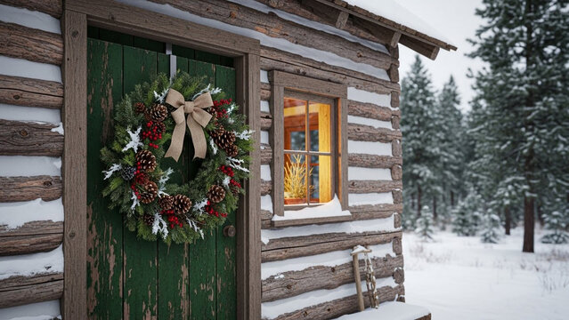 Rustic log cabin in a snow-covered winter forest, adorned with a festive christmas wreath and a warm glowing window, creating a cozy holiday scene.