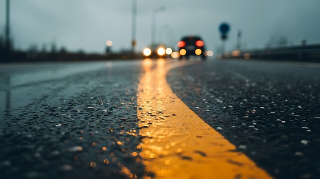 Wet Asphalt Road with a Yellow Line in the Rain at Dusk with Blurred Car Lights rainy