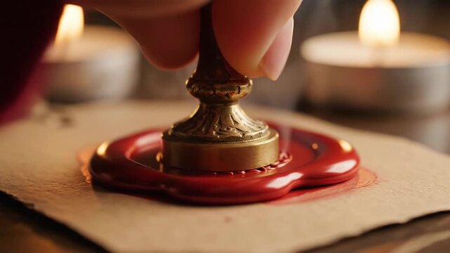 Sealing a Crimson Wax Stamp on Aged Paper with Romantic Warmth and Candlelight
