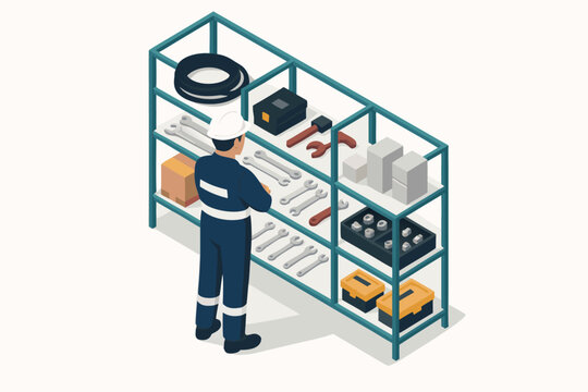 Maintenance worker checking tools on shelving unit for industrial repairs and construction needs in a factory setting