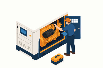 Technician maintaining a generator in isometric view, ensuring power reliability and seamless functionality