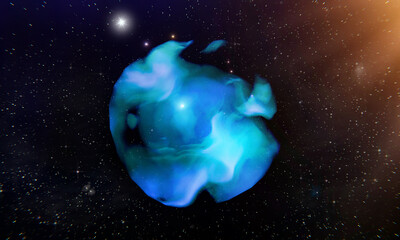 blue fantasy illustration of a colorful nebula with stars in deep space