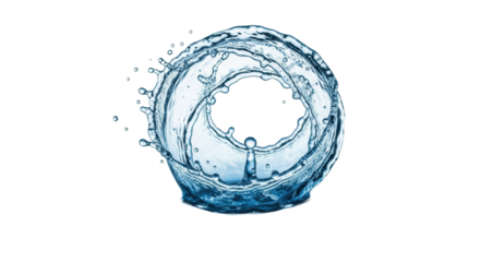 Clear blue water splash, frozen mid-air in dynamic circular shape with droplets and ripples, on a transparent background for copy space, concept of pure refreshing energy