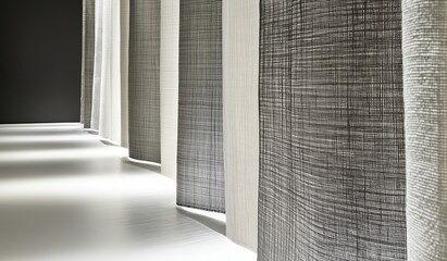 Close-up of vertical woven fabric curtains in white and grey colors with thin stripes creating intricate patterns illuminated by natural light in empty room with black textured wall.