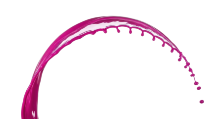 A vibrant fuchsia magenta liquid splash frozen mid-air, elegant arcing curve, sharp droplets separating, transparent background with copy space concept of dynamic breakthrough