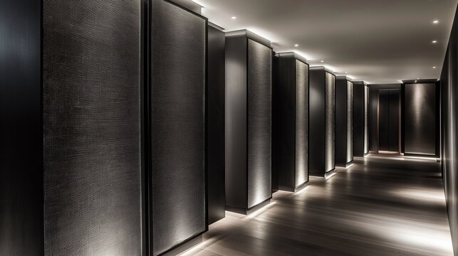 Elegant hotel corridor with walls covered in textured black fabric and subtle lighting creating atmosphere of luxury and sophistication with modern aesthetic appeal.