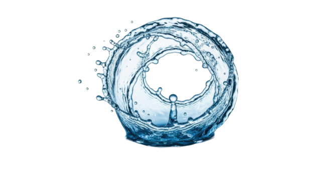 Clear blue water splash, frozen mid-air in dynamic circular shape with droplets and ripples, on a transparent background for copy space, concept of pure refreshing energy