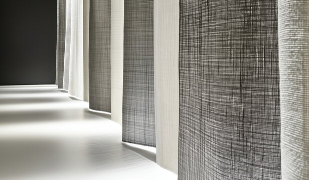 Close-up of vertical woven fabric curtains in white and grey colors with thin stripes creating intricate patterns illuminated by natural light in empty room with black textured wall.