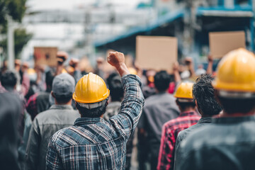Employees in protective gear and casual wear join a rally, representing worker power, activism, and collective action for social change and employment rights.
