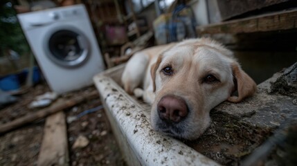 A Labrador dog lies peacefully in a messy environment near a washer, illustrating themes of resilience and companionship amidst disorder, evoking sympathy and love for animals in need.