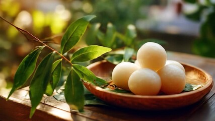Round, white, sweet snacks piled in a wooden bowl with leaves