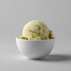 Scoop of pistachio ice cream in a white bowl isolated on light gray background