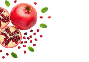 A vibrant whole red pomegranate, quarter slice, and scattered ruby-red arils with fresh green leaves, artfully arranged on a transparent background with copy space, concept for healthy food marketing