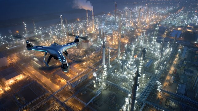 Drone Captures Illuminated Industrial Site at Night Showing Technology and Urban Landscape