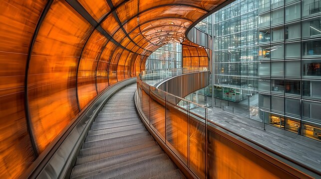 Dynamic curved escalator within a modern building, featuring a vibrant orange illuminated tunnel and sleek glass facade.