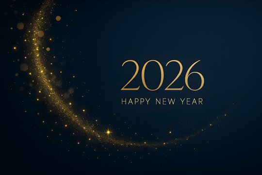 Gold glitter swirls on blue background displays 2026. Great for new year's cards, social media, invitations, posters, banners, ads, and festive designs.