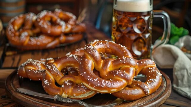 Video A plate of warm pretzels served with a cold mug of beer, perfect for a cozy evening