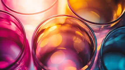 Abstract colorful glass circles with vibrant light refractions and bokeh effects