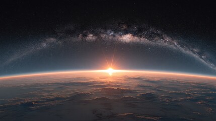 Breathtaking View of Earth From Space at Sunrise With Stars and the Milky Way Galaxy in the Background