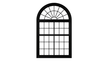 Black arched window with multiple panes isolated on a transparent background black window frame