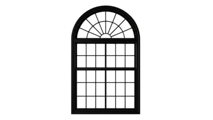 Black arched window with multiple panes isolated on a transparent background black window frame