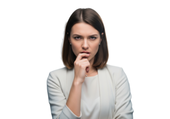 Young caucasian woman, mid-20s-30s, brown hair, business casual, pensive hand near chin, looking at camera in a studio with soft bokeh, concept of corporate strategic thinking