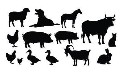 Silhouette of farm animals isolated on white background, including sheep, dog, horse, cow, chicken, pig, duck, goat, rabbit, and cat, in black color