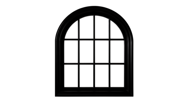 Black arched window with multiple panes silhouette isolated on a transparent background multi-pane - Powered by Adobe