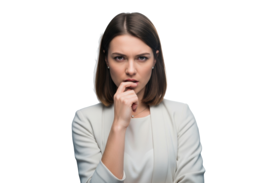 Young caucasian woman, mid-20s-30s, brown hair, business casual, pensive hand near chin, looking at camera in a studio with soft bokeh, concept of corporate strategic thinking