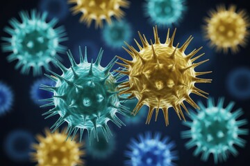 Close-up 3d render of blue and yellow virus cells floating
