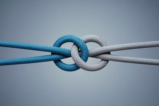 Two intertwined climbing ropes forming a strong knot against a blue background