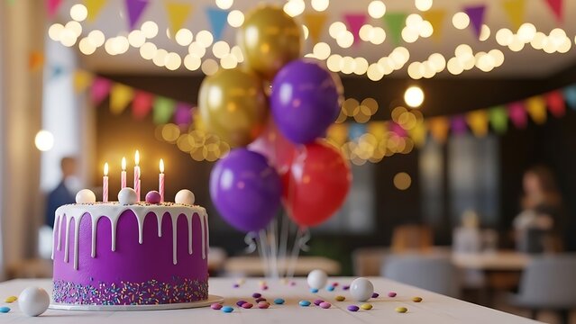 Purple birthday cake with candles and balloons under string lights and colorful banner flags
