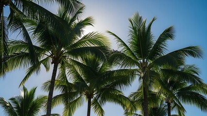Fototapeta premium Tropical travel photograph: towering palm trunks and green fronds under intense sunlight and clear blue atmospheric conditions