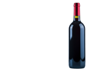 Pristine, unopened dark red wine bottle with vibrant red foil cap, reflective glass, on transparent studio surface, soft diffused lighting, eye-level. Concept of luxury celebration