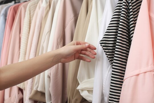 Woman's hand selects clothing from a rack of pastel-colored garments