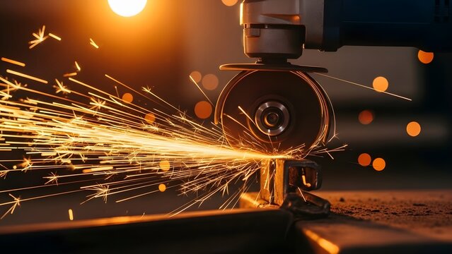 Closeup of an angle grinder cutting metal with a shower of bright sparks in a workshop. - Powered by Adobe