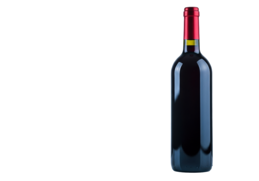 Pristine, unopened dark red wine bottle with vibrant red foil cap, reflective glass, on transparent studio surface, soft diffused lighting, eye-level. Concept of luxury celebration