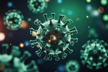 Microscopic view of coronavirus particles floating in a dark environment