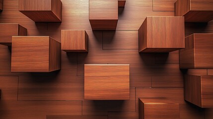 Wooden cubes arranged in abstract pattern on brown background showcasing wood grain beauty and form creating order within chaos with depth for modern aesthetics.