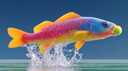 Colorful fish illustration splashing out of water, showcasing vibrant hues of blue, pink, and yellow, with a playful green ball in its mouth, creating a lively aquatic scene